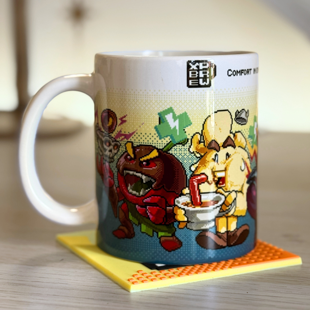 Mug with cartoon characters on a coaster