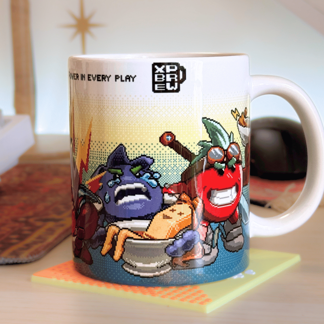 Mug with colorful characters and 'XP Brew' branding on a blurred background