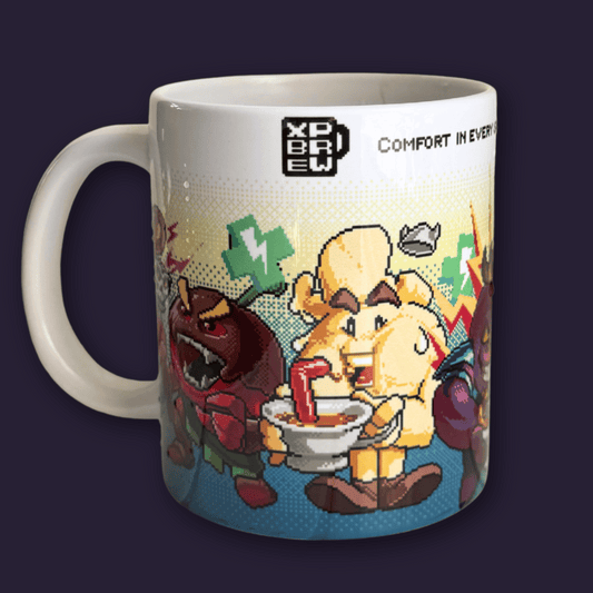 Mug with cartoon characters and 'XP Brew' branding on a dark background